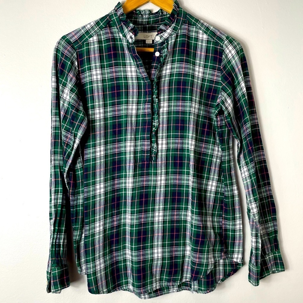 LOFT Button Down Shirt Plaid Size M Ruffle Neck Navy Green White *Flawed